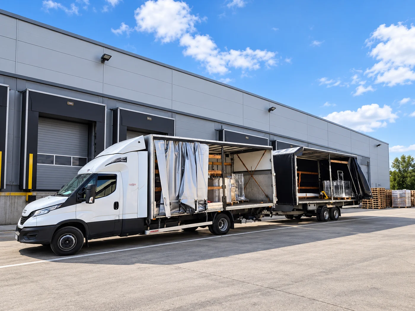 Baltas „Iveco“ ir tentinė priekaba atidengtais šonais prie sandėlio rampų
