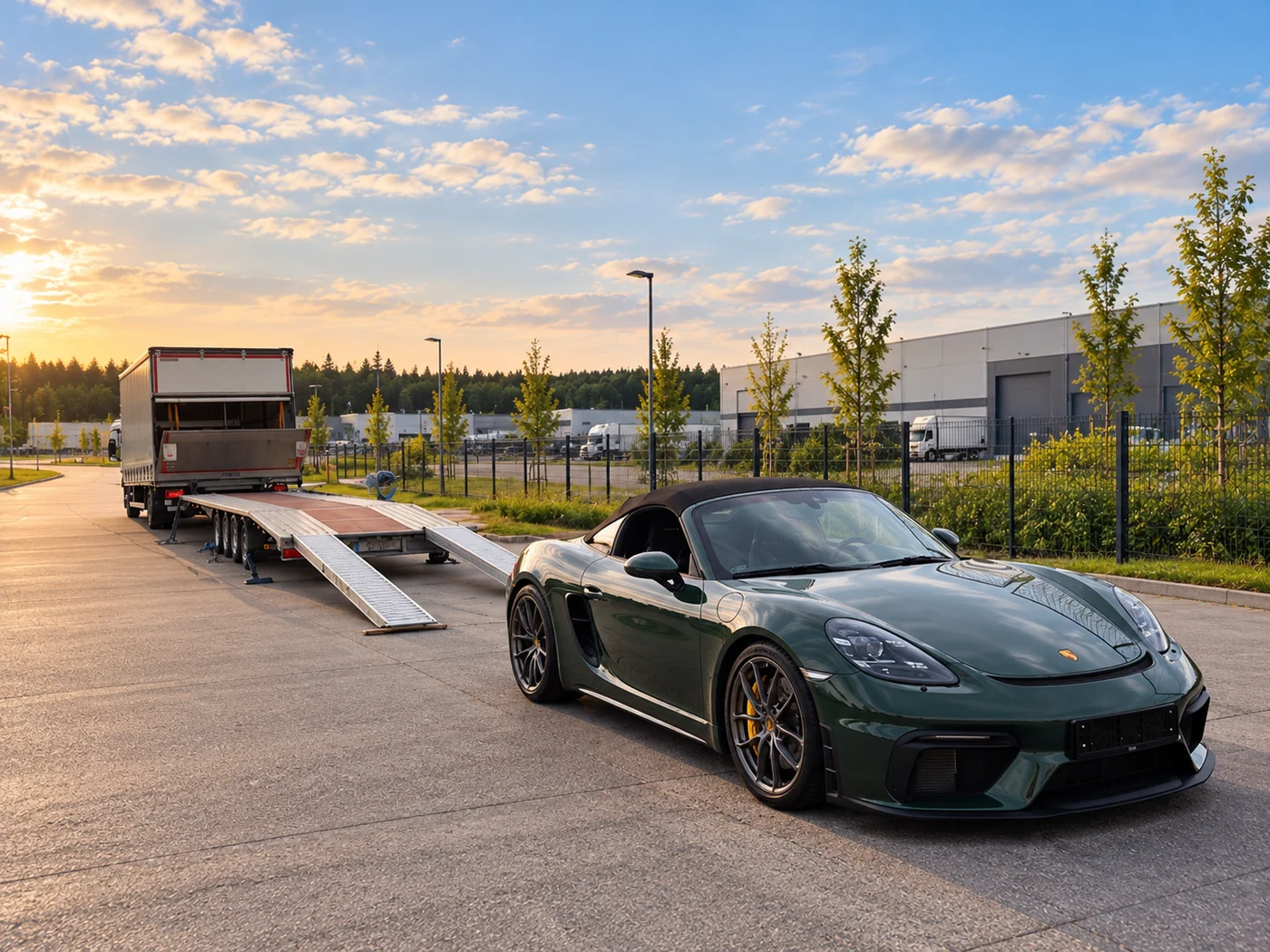 Žalias „Porsche“ priešais automobilių transportavimo tralą su nuleistomis rampomis