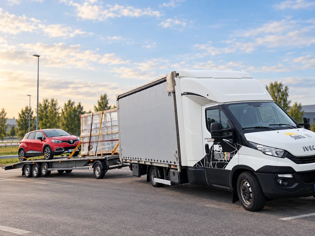 Siunta777 „Iveco“ su priekaba, kuria vežamas automobilis ir supakuotas krovinys