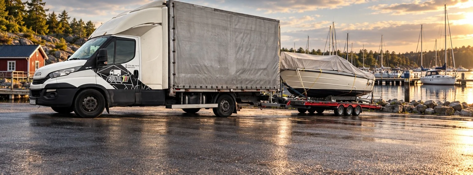 Siunta777 krovininis automobilis su priekaba, kuria vežamas uždengtas kateris, jachtų uoste